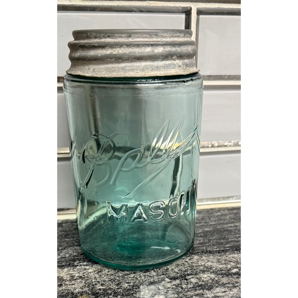 Vintage Ball Mason Jar Aqua Blue Glass Canning Jar with Lid Mold E Pint Size - Picture 3 of 5